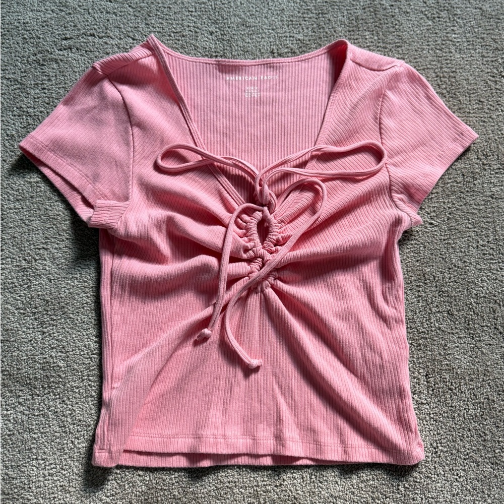 American Eagle Outfitters Pink Ribbed Short Sleeve Top